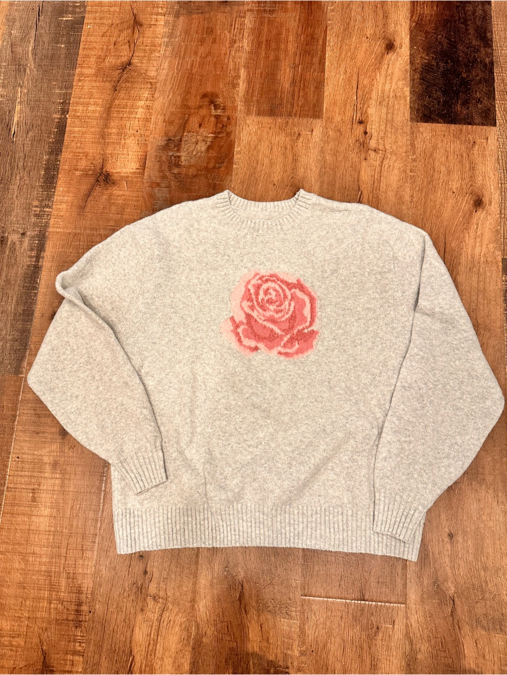 Hollister Light Heather Gray Sweater with Pink Rose Motif size S